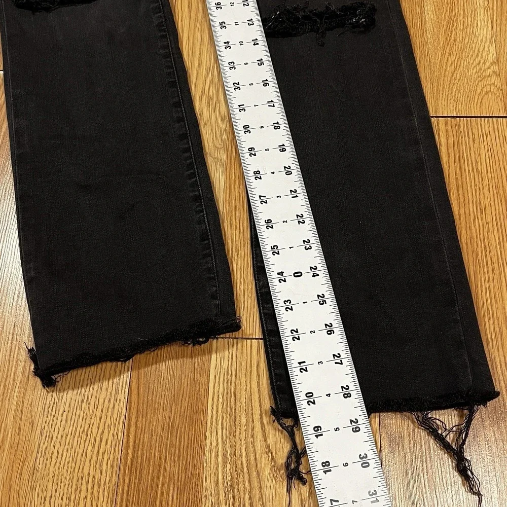 Frame Le High Straight Jeans 30 Black Distressed Ripped Knee Raw Hem Grunge Chic
